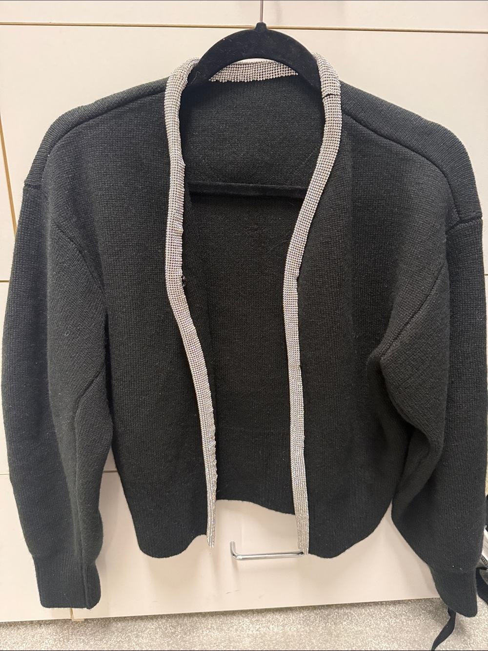 Black Open Front Knit Cardigan with Silver Trim